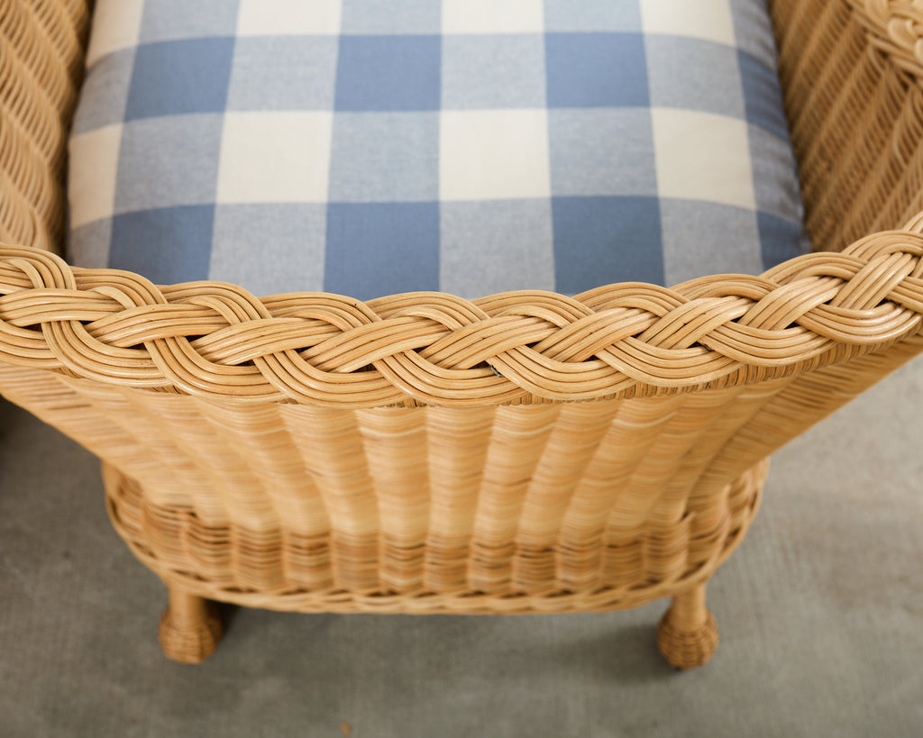 Pair of McGuire Rattan Wicker Lounge Chairs and Ottoman