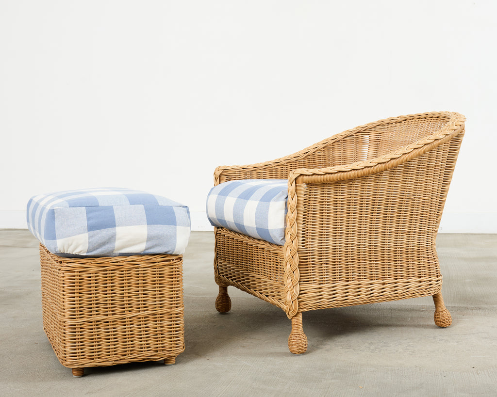Pair of McGuire Rattan Wicker Lounge Chairs and Ottoman