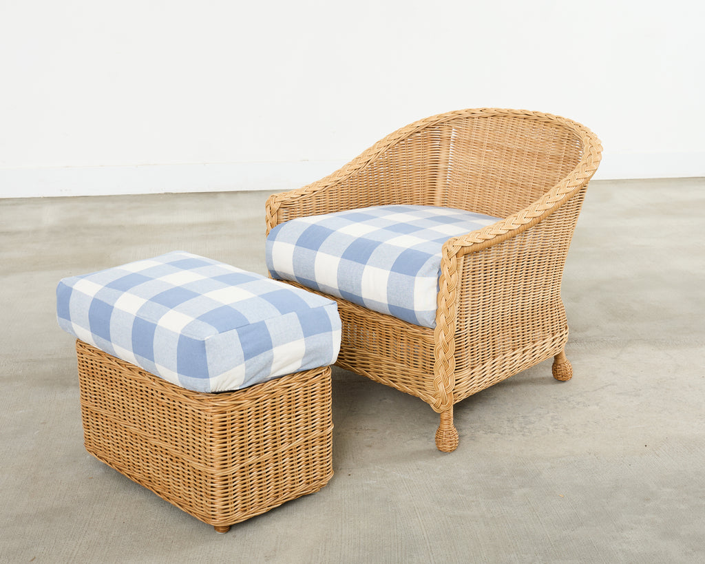 Pair of McGuire Rattan Wicker Lounge Chairs and Ottoman