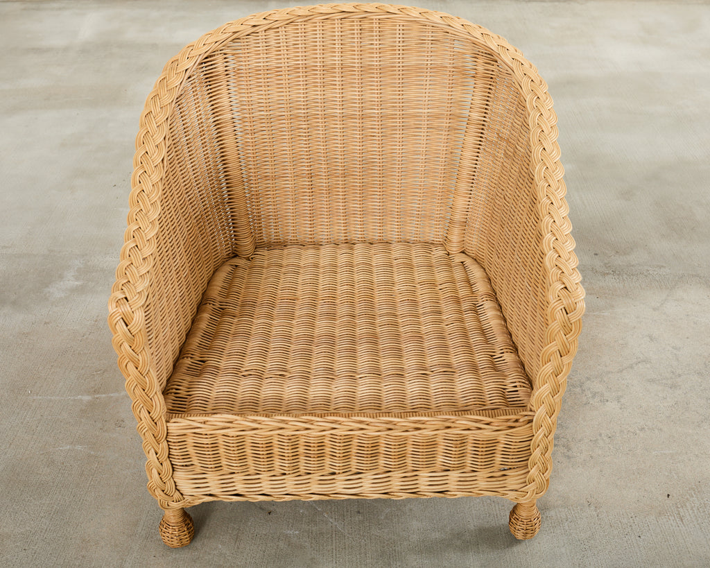 Pair of McGuire Rattan Wicker Lounge Chairs and Ottoman