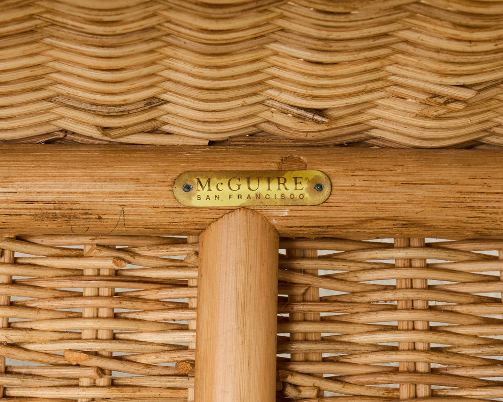 Pair of McGuire Rattan Wicker Lounge Chairs and Ottoman