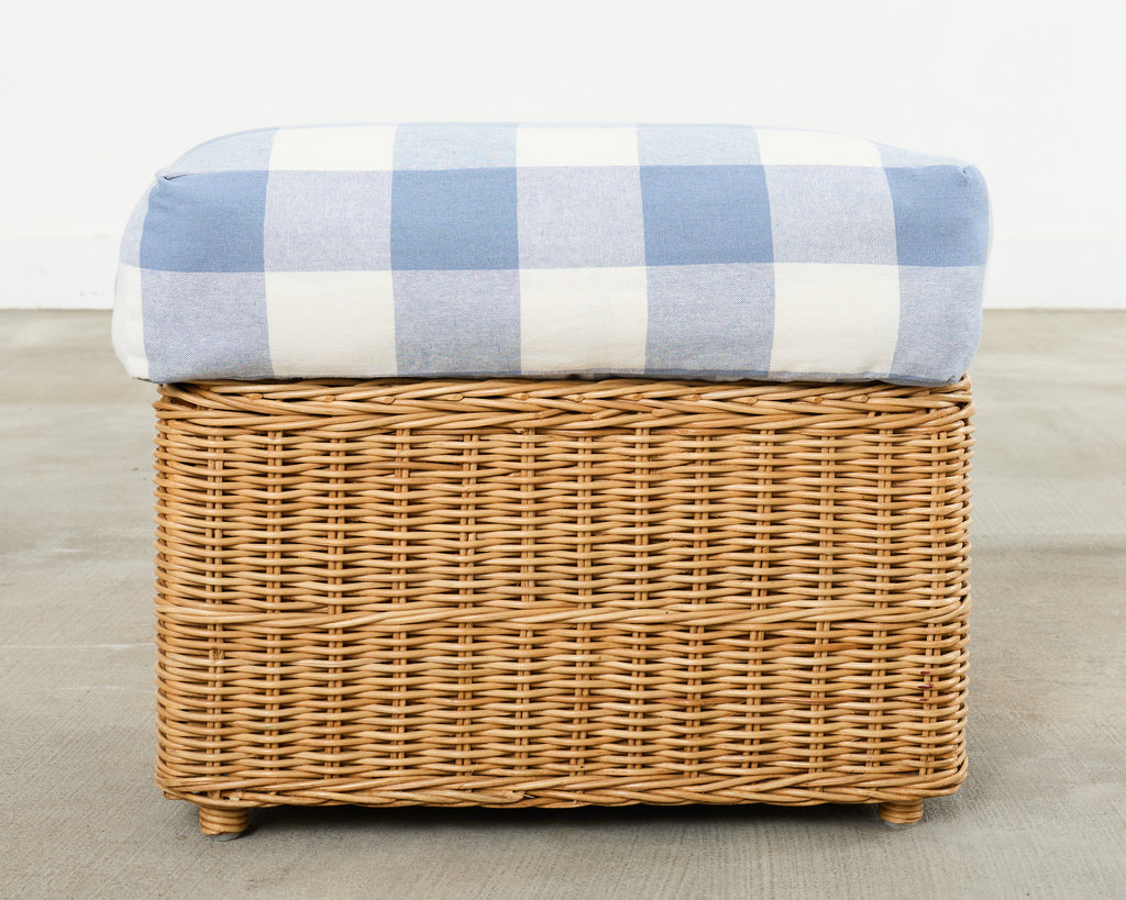 Pair of McGuire Rattan Wicker Lounge Chairs and Ottoman