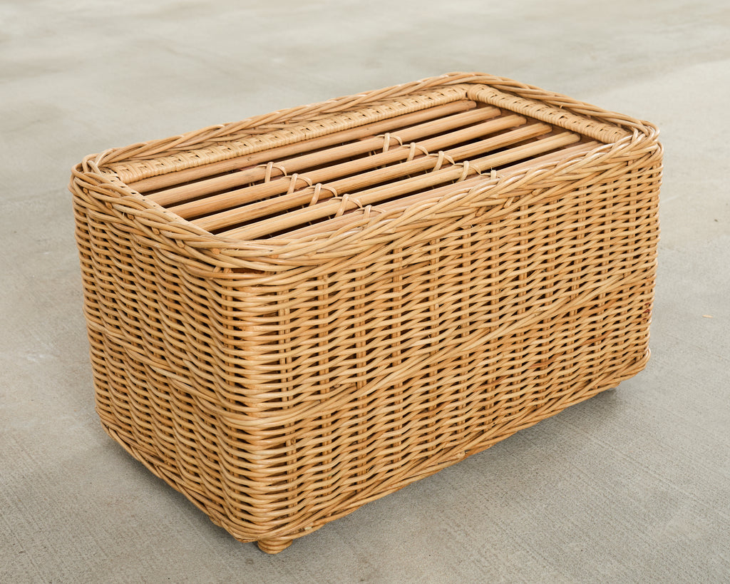 Pair of McGuire Rattan Wicker Lounge Chairs and Ottoman