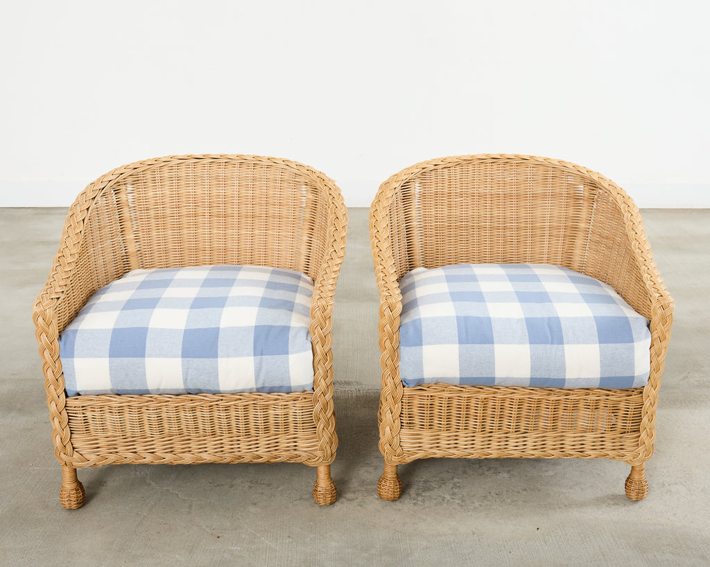 Pair of McGuire Rattan Wicker Lounge Chairs and Ottoman