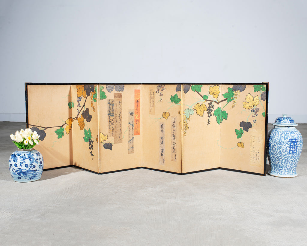 Japanese Harimaze Six Panel Screen Applied Edo Tanzaku Poems