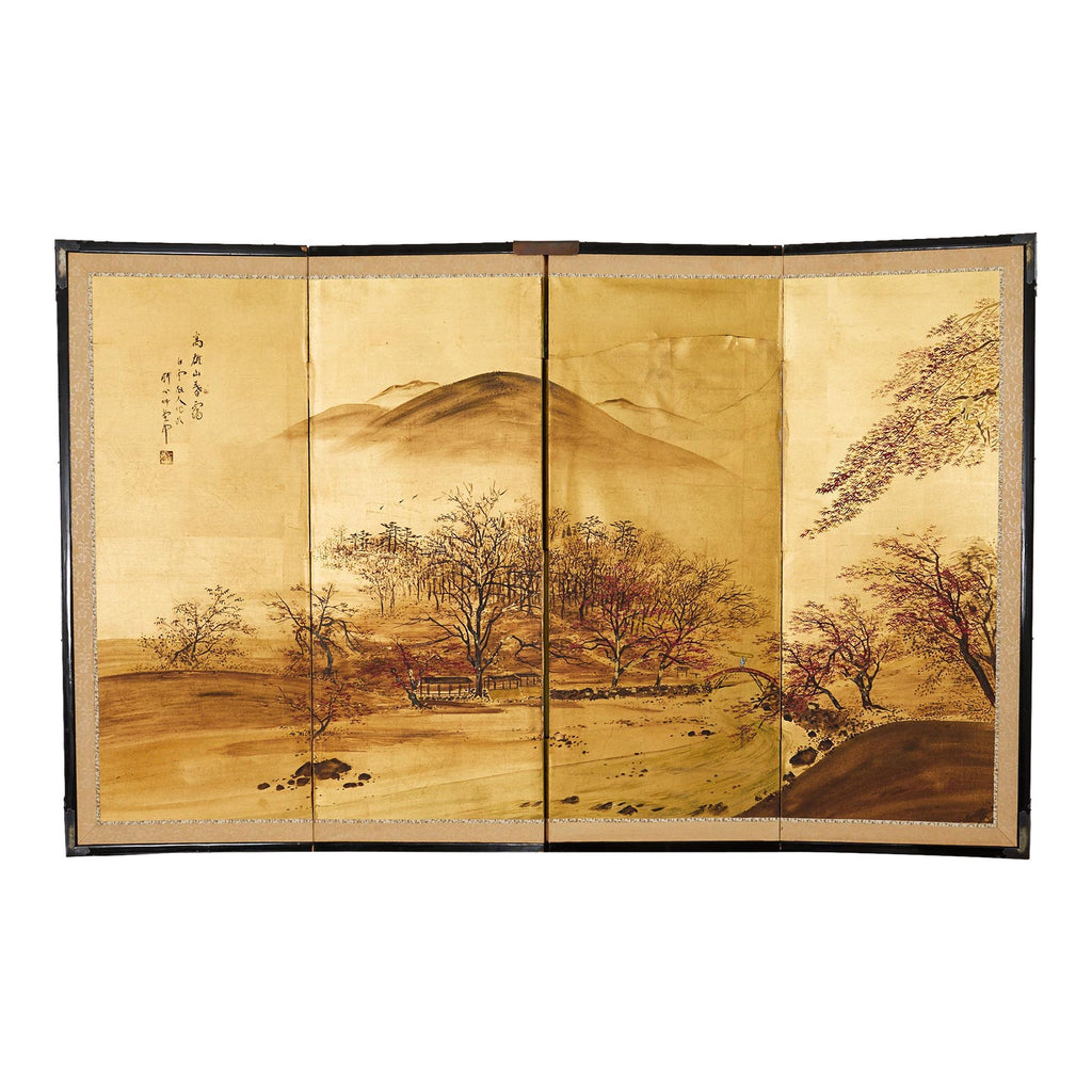 Japanese Showa Four Panel Screen Autumn Landscape on Gilt