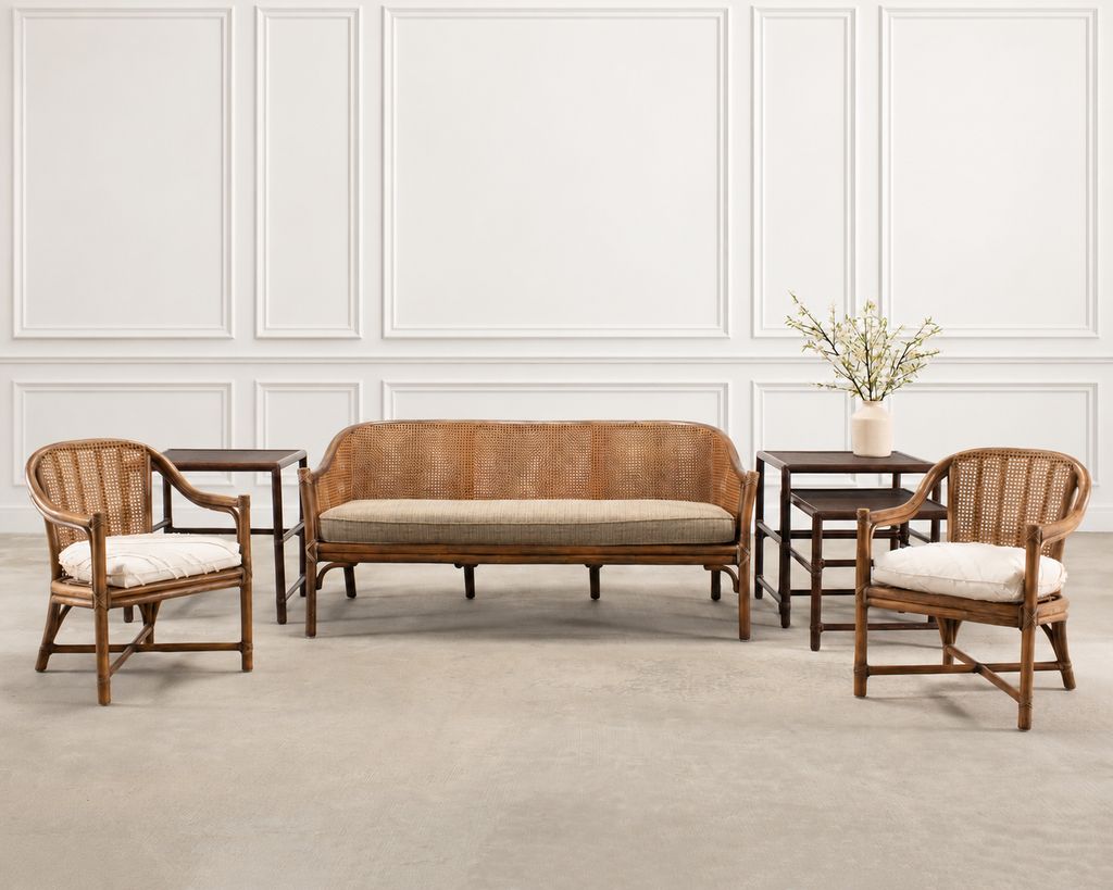 Nest of Three McGuire Rattan Cane Raffia and Oak Side Tables