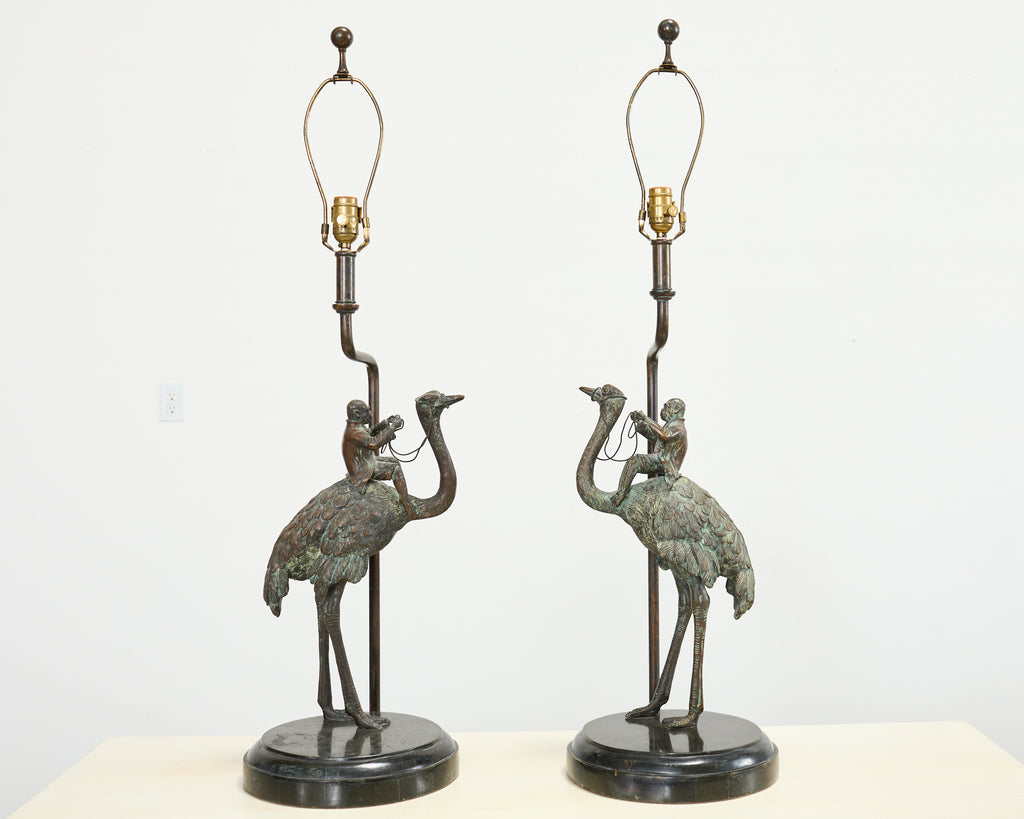 Pair of Maitland-Smith Bronze Monkey Ostrich Table Lamps