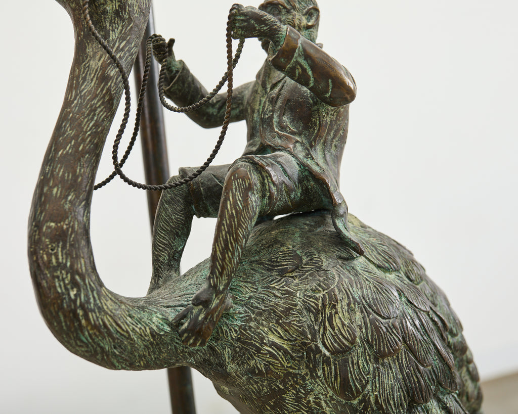 Pair of Maitland-Smith Bronze Monkey Ostrich Table Lamps