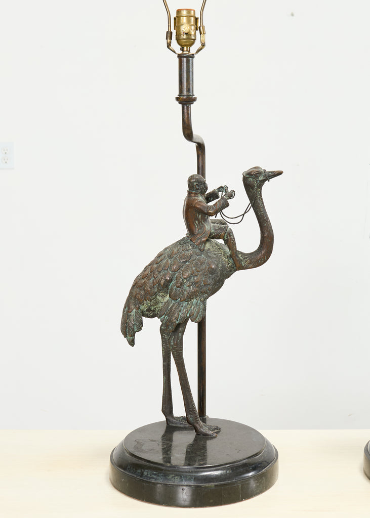 Pair of Maitland-Smith Bronze Monkey Ostrich Table Lamps