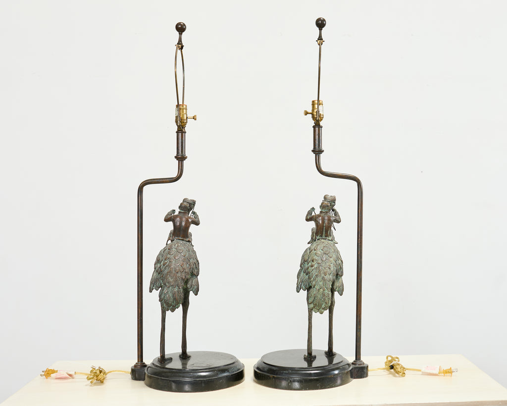 Pair of Maitland-Smith Bronze Monkey Ostrich Table Lamps