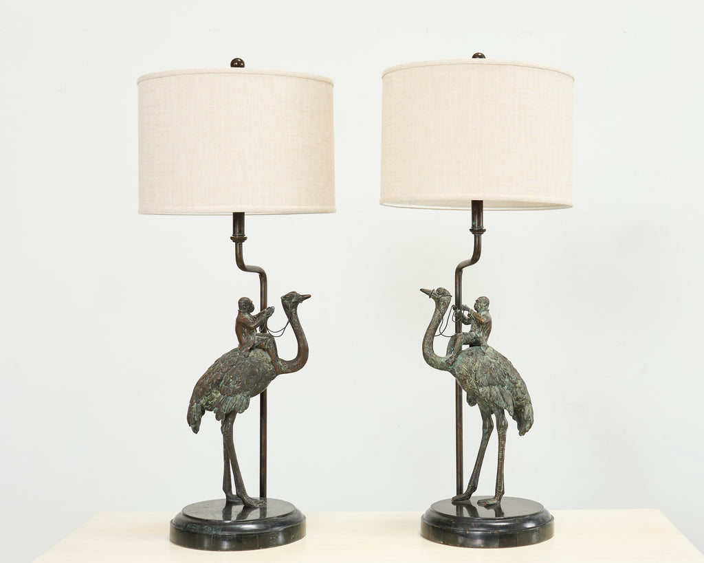 Pair of Maitland-Smith Bronze Monkey Ostrich Table Lamps