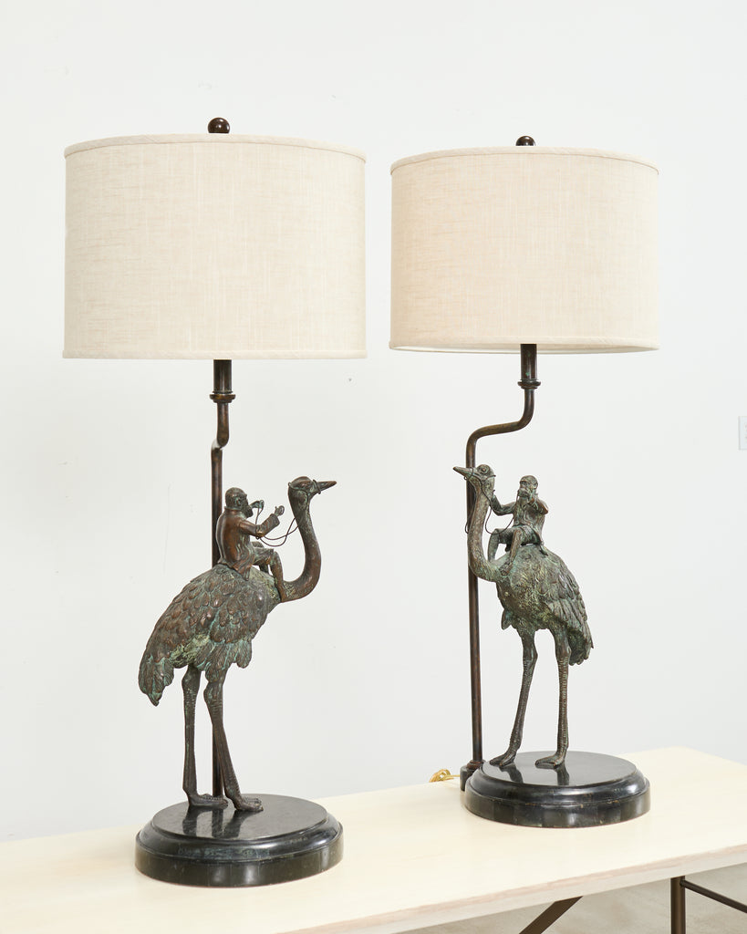 Pair of Maitland-Smith Bronze Monkey Ostrich Table Lamps