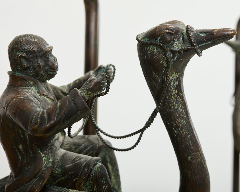 Pair of Maitland-Smith Bronze Monkey Ostrich Table Lamps