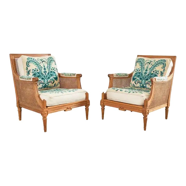 Pair of Louis XVI Style Walnut Caned Needlepoint Lounge Chairs