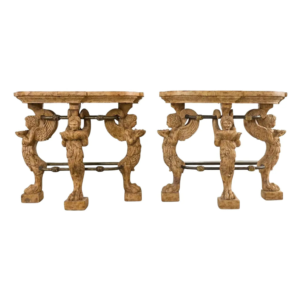 Pair of Maitland Smith Neoclassical Cast Stone Demilune Consoles