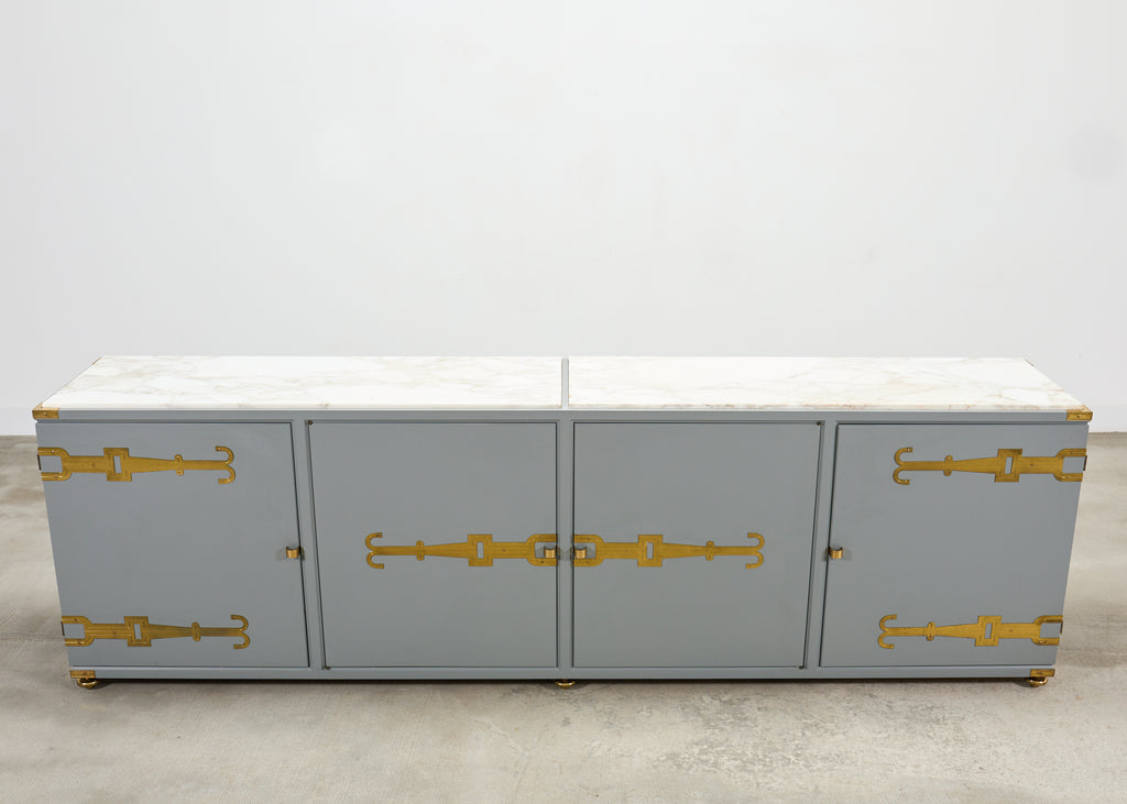Tommi Parzinger Lacquer Marble Top Sideboard Credenza 10 Ft