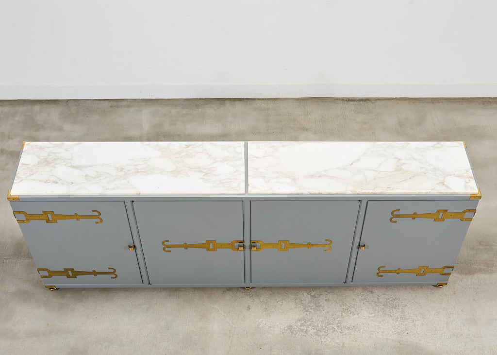 Tommi Parzinger Lacquer Marble Top Sideboard Credenza 10 Ft