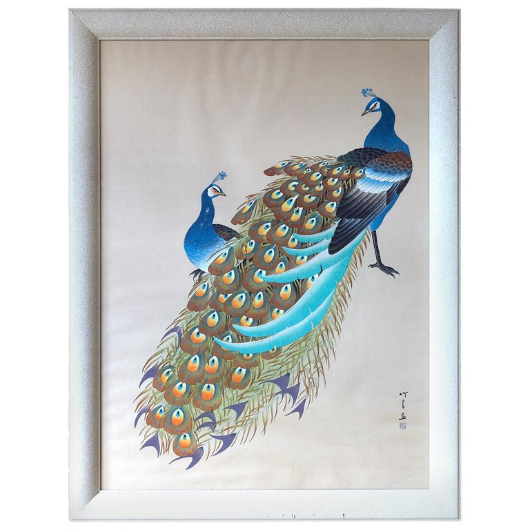 Japanese Showa Period Peacocks Painted on Silk