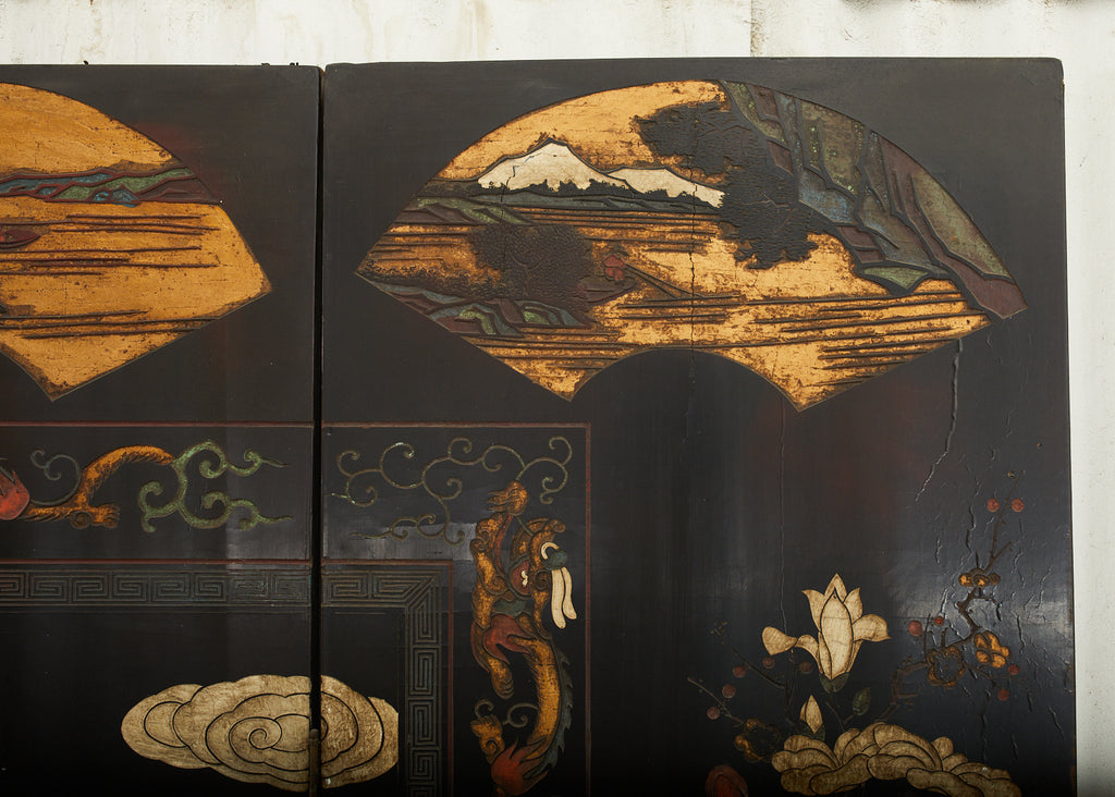 Chinese Qing Twelve Panel Lacquered Coromandel Screen