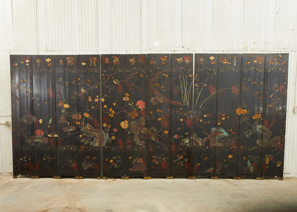 Chinese Qing Twelve Panel Lacquered Coromandel Screen