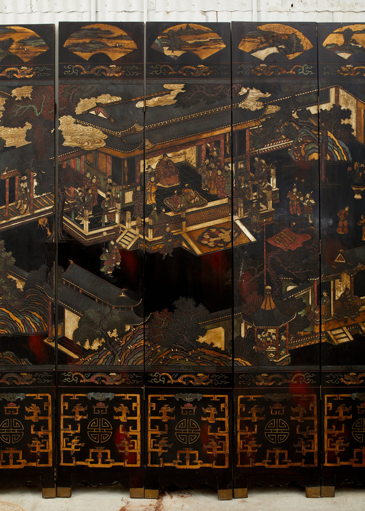 Chinese Qing Twelve Panel Lacquered Coromandel Screen