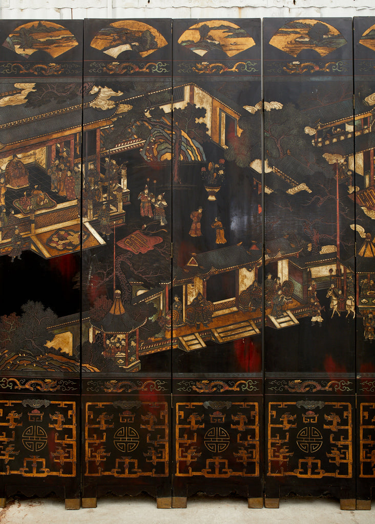 Chinese Qing Twelve Panel Lacquered Coromandel Screen