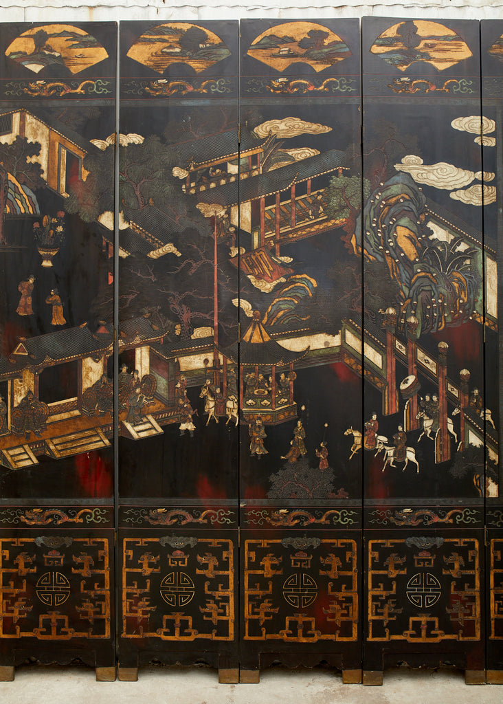 Chinese Qing Twelve Panel Lacquered Coromandel Screen