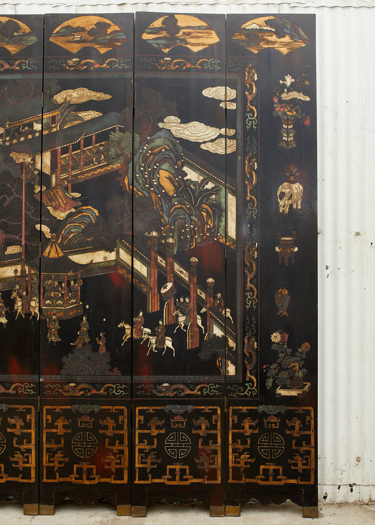 Chinese Qing Twelve Panel Lacquered Coromandel Screen