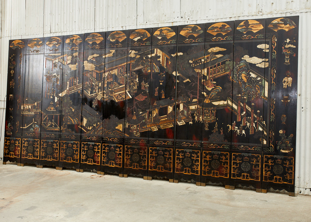 Chinese Qing Twelve Panel Lacquered Coromandel Screen