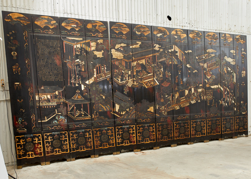 Chinese Qing Twelve Panel Lacquered Coromandel Screen