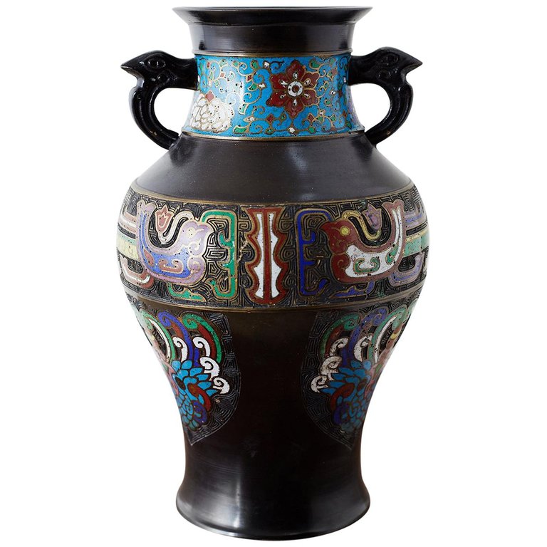 20th Century Japanese Bronze Champlevé Enamel Vase