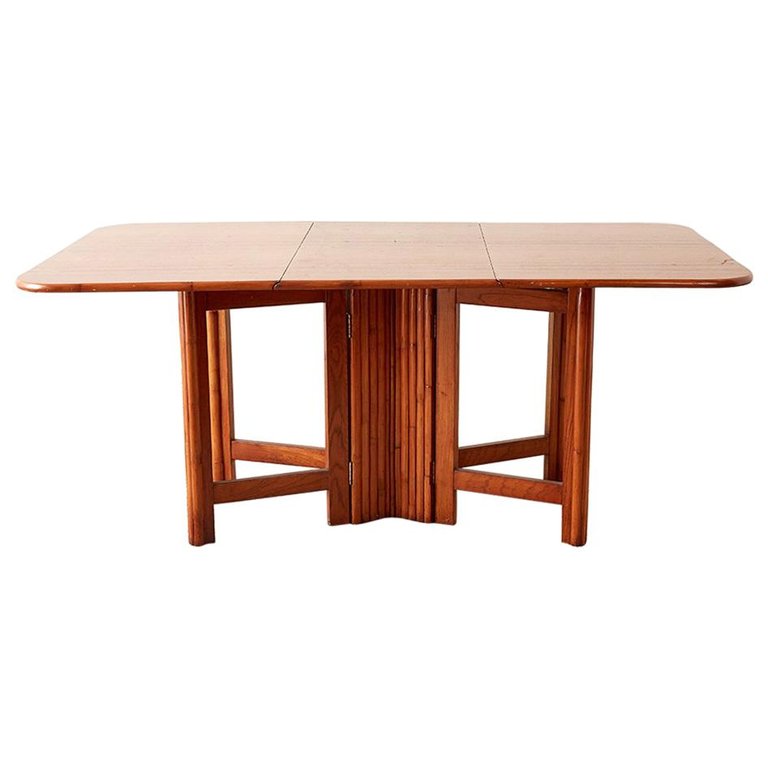 Midcentury Drop-Leaf Dining Table with Rattan Base