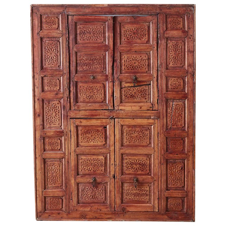 19th Century Indian Carved Panel with Shutter Windows