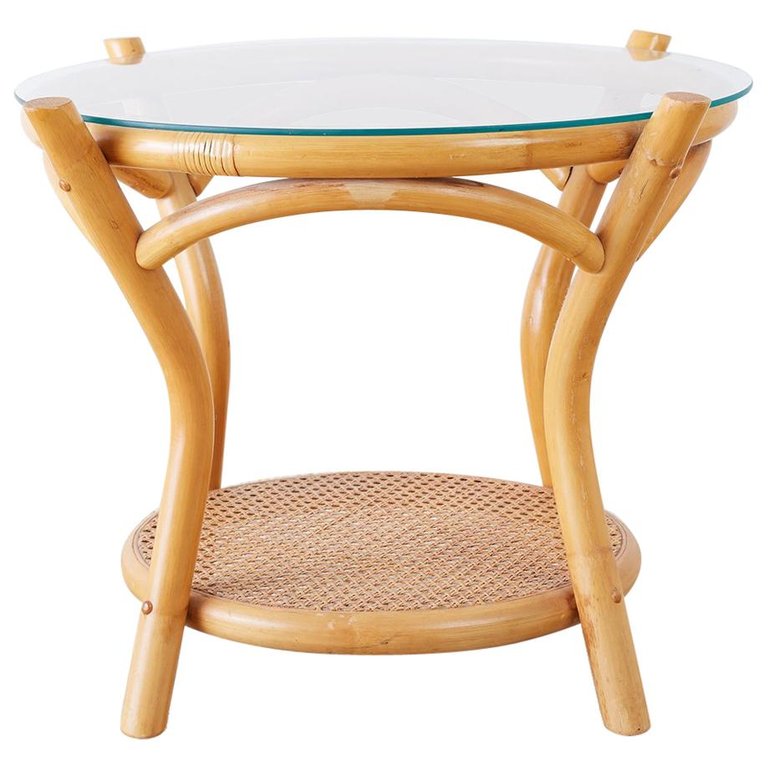Round Bamboo and Rattan Two-Tier Drinks Table
