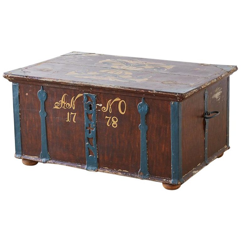 18th Century Swiss Polychrome Decorated Blanket Chest Trunk
