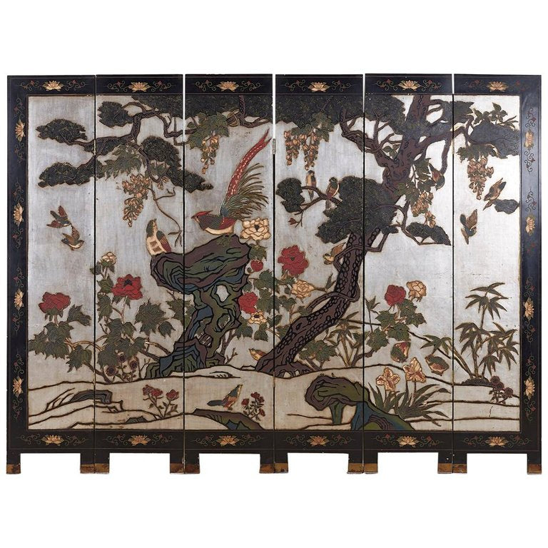 Chinese Export Six-Panel Silver Leaf Coromandel Screen
