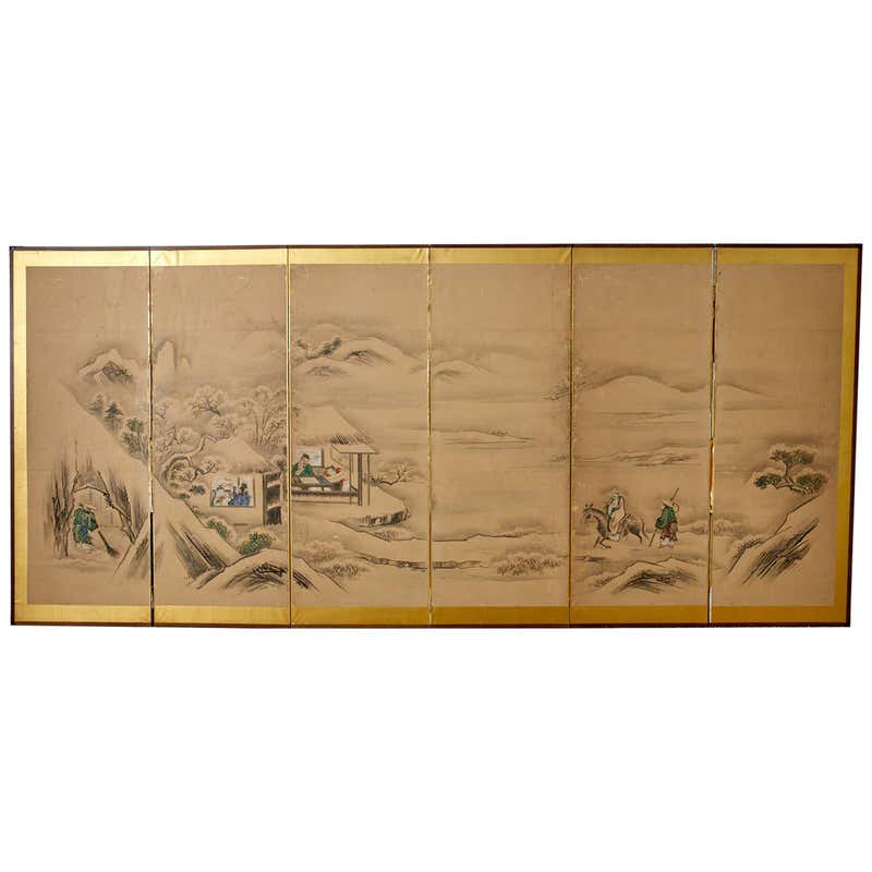 Japanese Six Panel Kano School Winter Landscape Screen