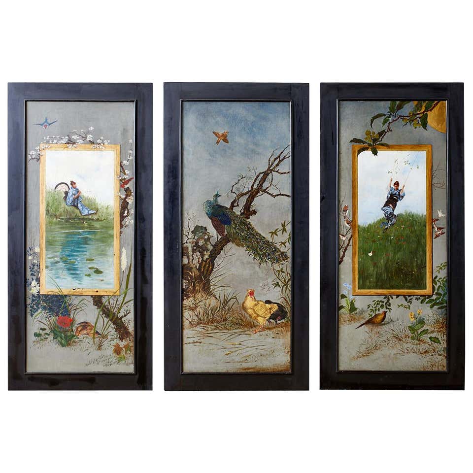 Set of Three French Chinoiserie Framed Canvas Paintings