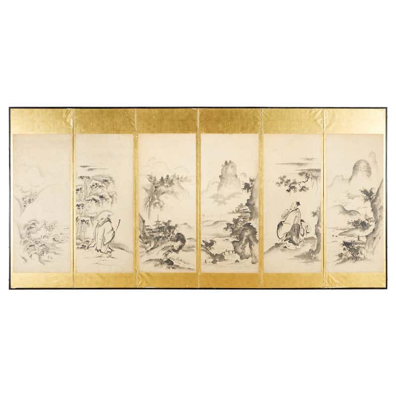 Japanese Edo Six-Panel Haboku Landscapes of Seasons