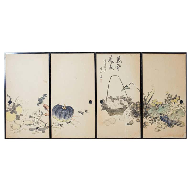 Set of Four Japanese Fusuma Painted Door Panels