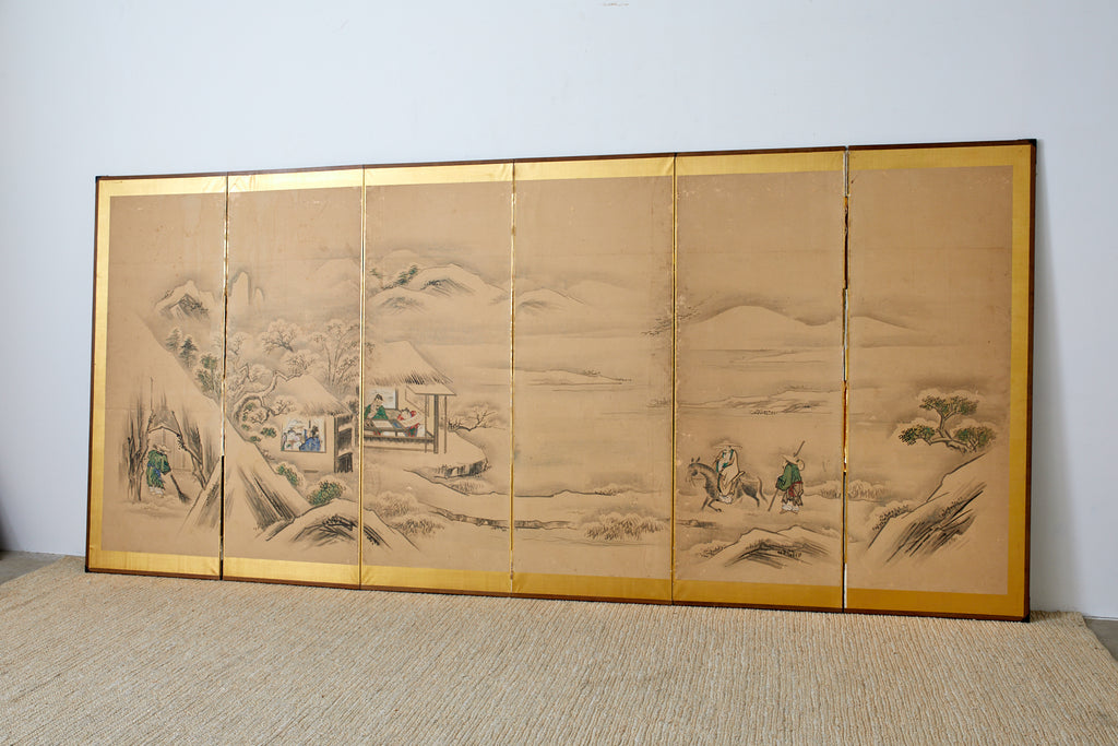 Japanese Six Panel Kano School Winter Landscape Screen