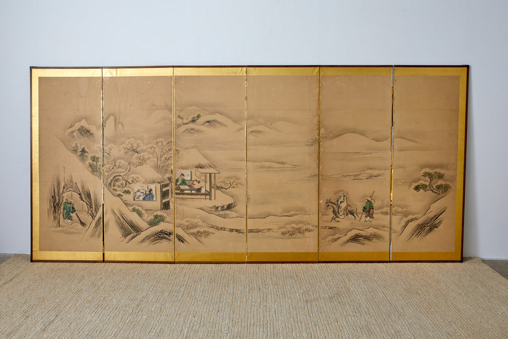 Japanese Six Panel Kano School Winter Landscape Screen