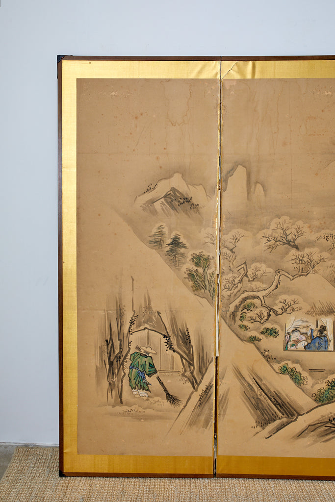 Japanese Six Panel Kano School Winter Landscape Screen