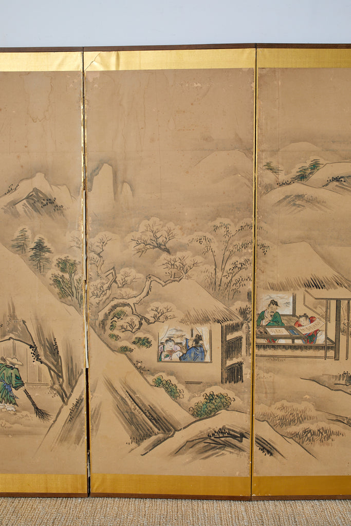 Japanese Six Panel Kano School Winter Landscape Screen