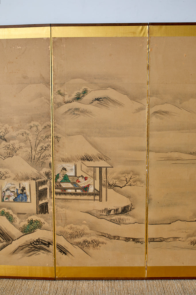 Japanese Six Panel Kano School Winter Landscape Screen
