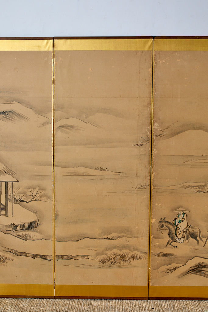 Japanese Six Panel Kano School Winter Landscape Screen