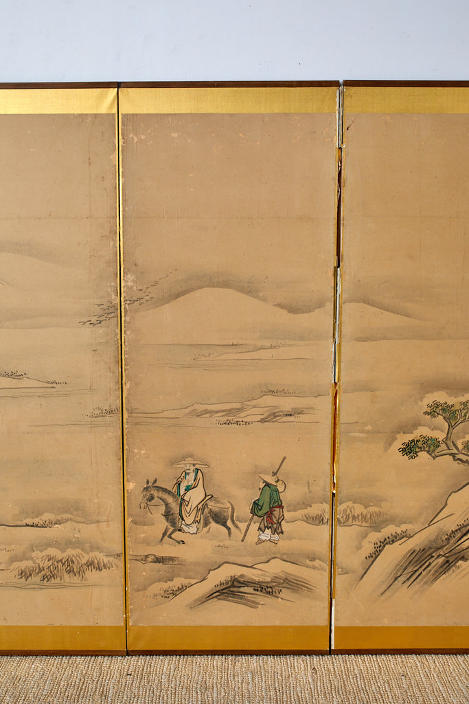 Japanese Six Panel Kano School Winter Landscape Screen