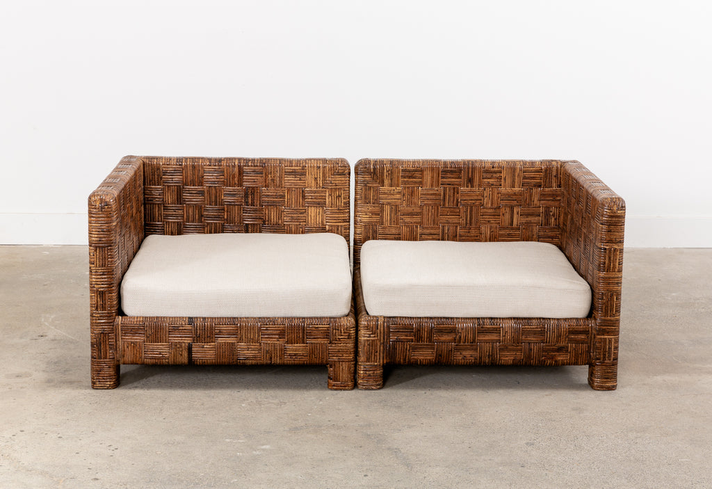 Billy Baldwin Style Two Part Cane Basketweave Parsons Sofa Settee