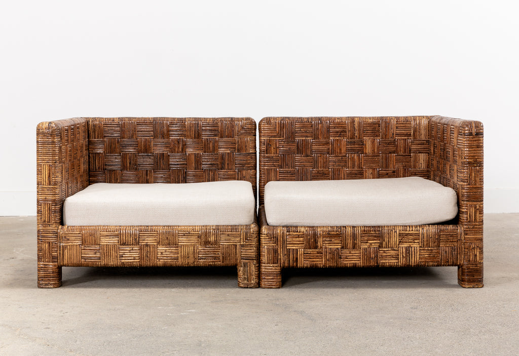 Billy Baldwin Style Two Part Cane Basketweave Parsons Sofa Settee